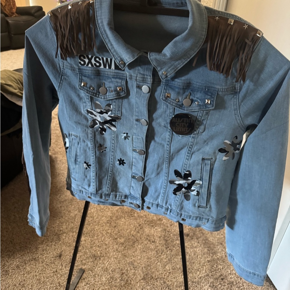 Custom Design Jean Jacket Austin Texas Theme Large